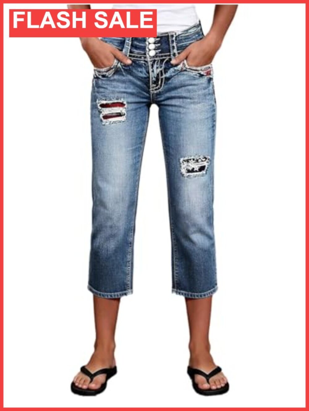 High Rise Straight Leg Capri Star Embroidered Ripped Cotton Blend Jeans